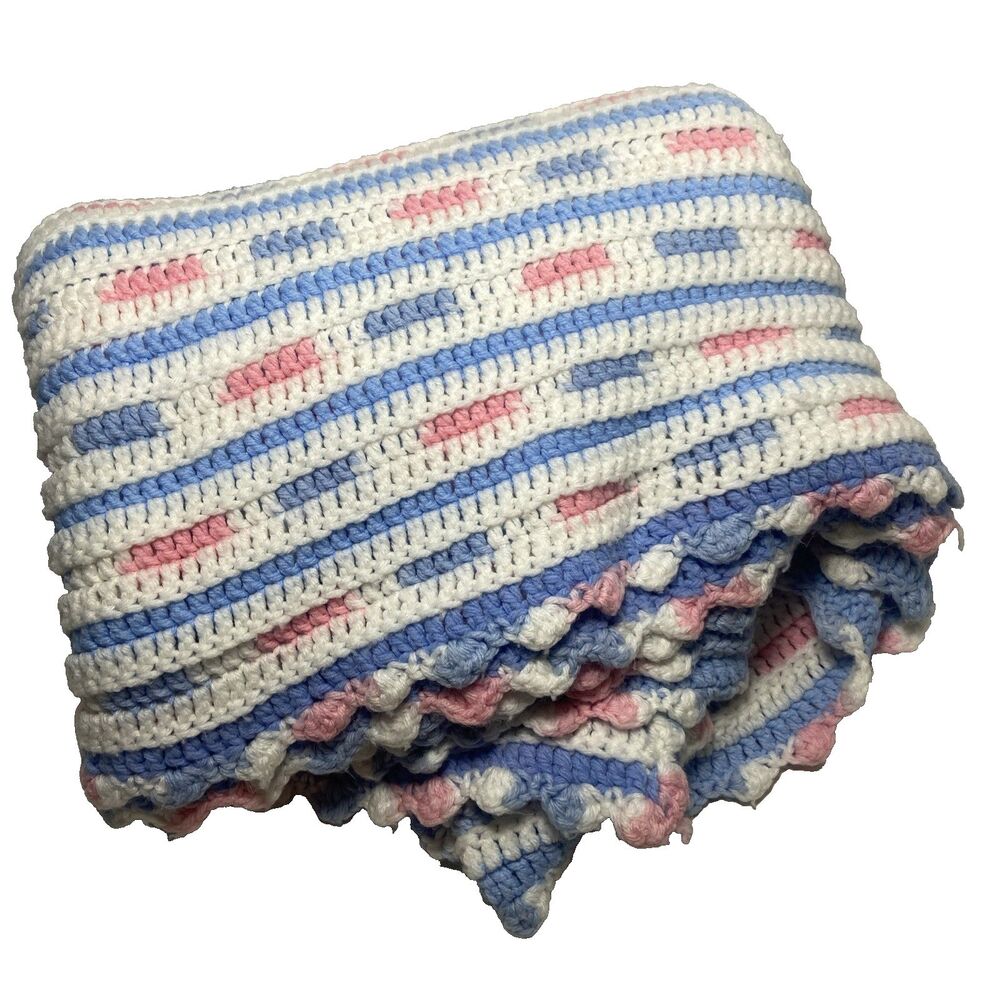 Crochet Quit Pink Blue White Striped Handmade Acrylic Yarn 75 x 33.5  In